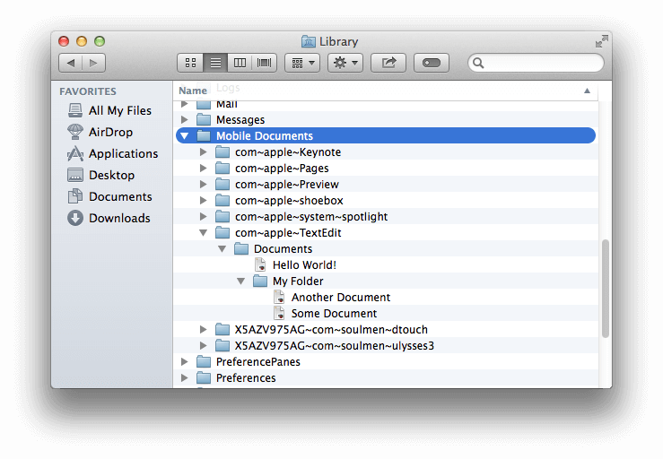 ”~/Library/Mobile Documents“的内容，它包含了每个应用开放性容器所分别对应的文件夹