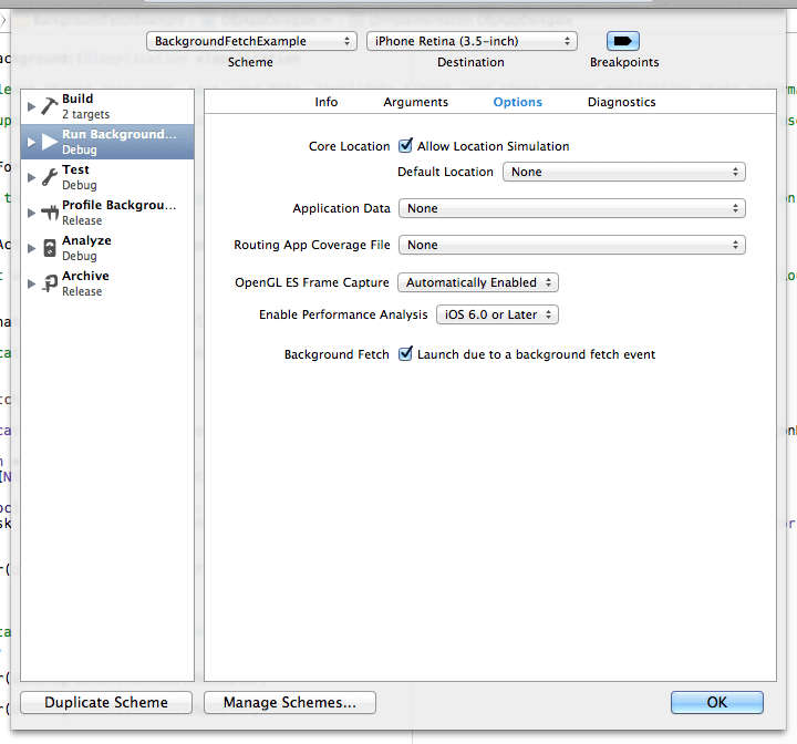 A screenshot showing Xcode 5’s scheme editor