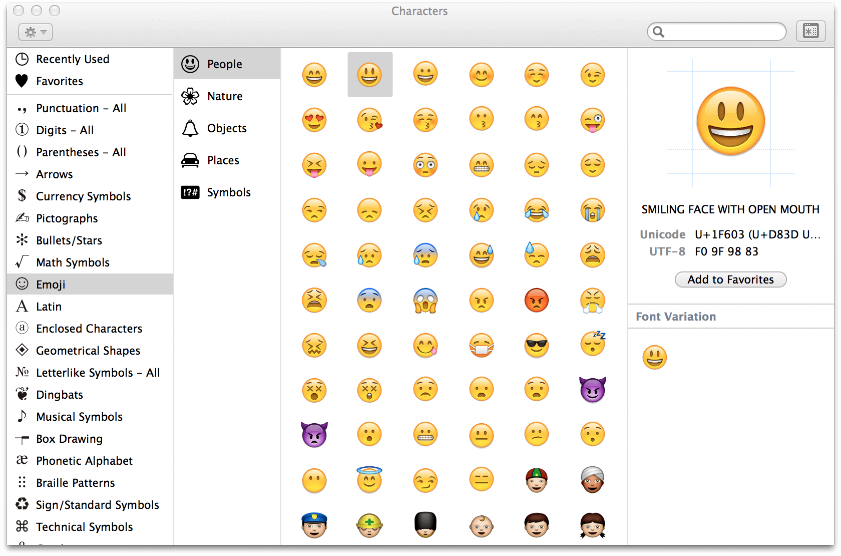 The Character Viewer in OS X showing a table of Emoji and Unicode character information